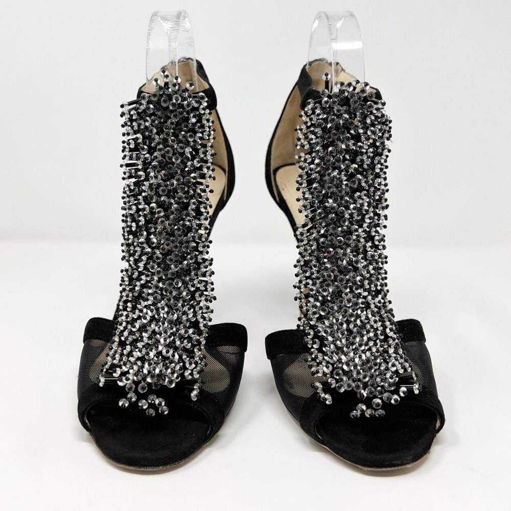 Jimmy Choo Crystal‎ Fringe Mesh T Strap Heels Black Suede 39 - Picture 4 of 9